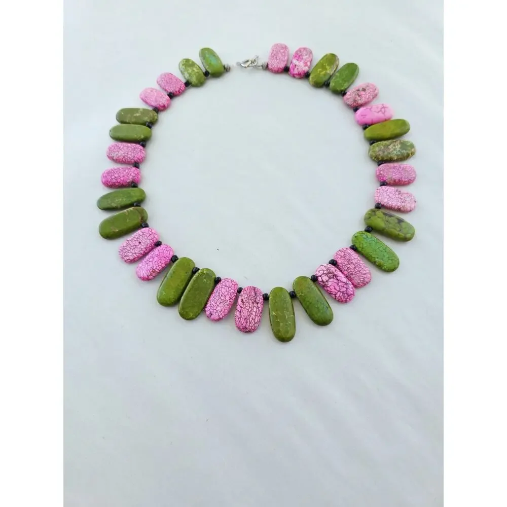 Handmade Gem Stone‎ Beaded Artisan Necklace Howlite Green Pink Green Choker Boho